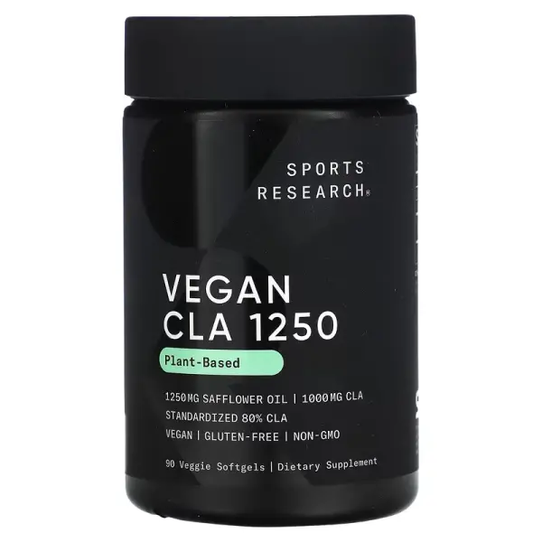 Конъюгированная линолевая кислота, Vegan CLA 1250, Sports Research, веган, 1250 мг, 90 вегетарианских гелевых капсул - Фото 1