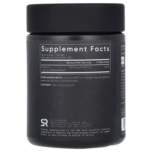 Вітамін D3, Vitamin D3, Sports Research, подвійна сила, 100 мкг (4000 МО), 360 гелевих капсул - Фото 2