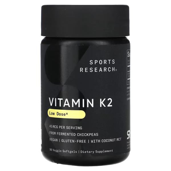 Вітамін K2, низька доза, Vitamin K2 Low Dose, Sports Research, 45 мкг, 90 рослинних капсул - Фото 1