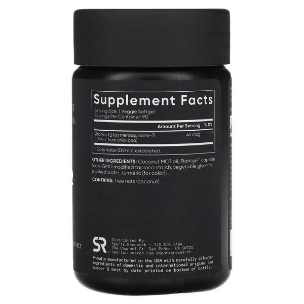 Вітамін K2, низька доза, Vitamin K2 Low Dose, Sports Research, 45 мкг, 90 рослинних капсул - Фото 2