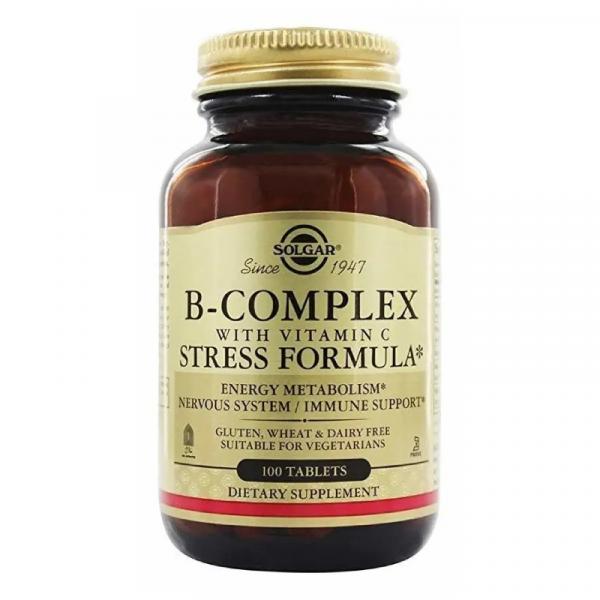 Комплекс витаминов В с витамином C, стресс формула, B-Complex with Vitamin C Stress Formula, Solgar, 100 таблеток 