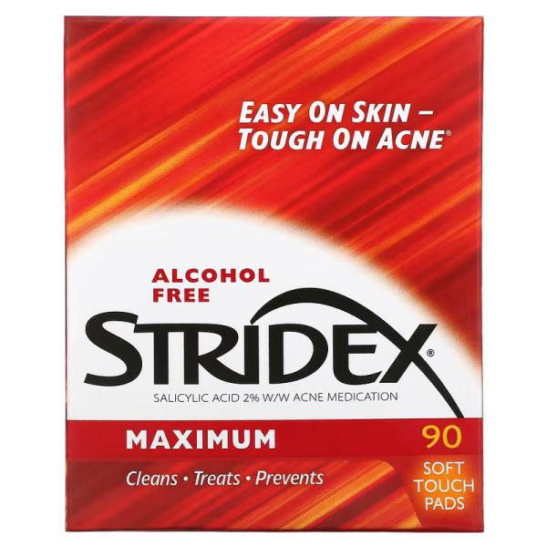 Контроль акне, максимальное действие, без спирта, Maximum, Alcohol Free, Single-Step, Stridex, 90 мягких салфеток - Фото 1