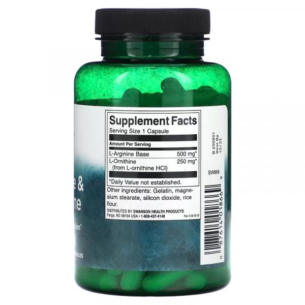 L-аргінін і L-орнітин, L-Arginine & L-Ornithine, Swanson, 100 капсул - Фото 2