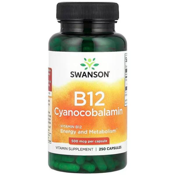 Вітамін B12 (ціанокобаламін), Vitamin B12 Cyanocobalamin, Swanson, 500 мкг, 250 капсул - Фото 1
