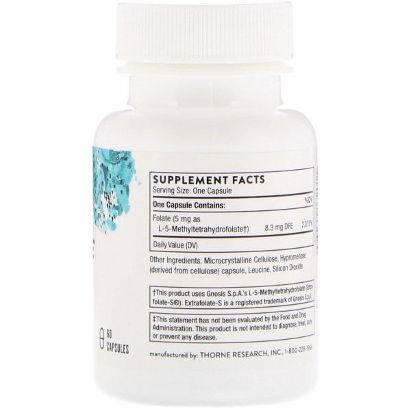 Метафолин, 5-MTHF, Thorne Research, 5 мг, 60 капсул  - Фото 2