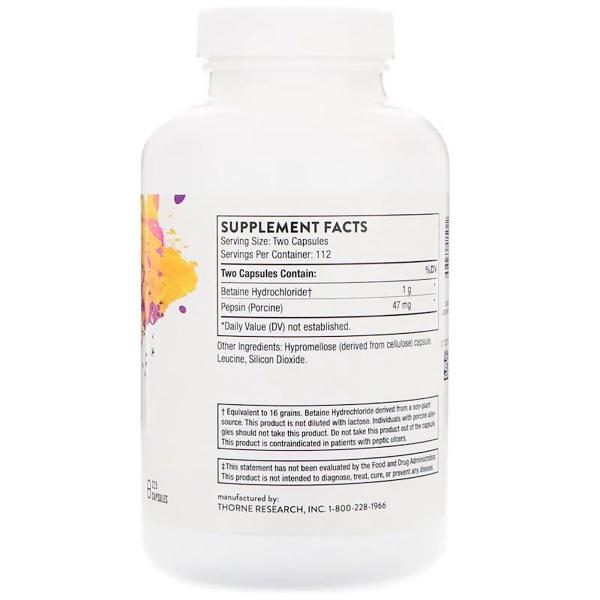 Бетаина гидрохлорид + пепсин, Betaine HCL & Pepsin, Thorne Research, 225 капсул  - Фото 2