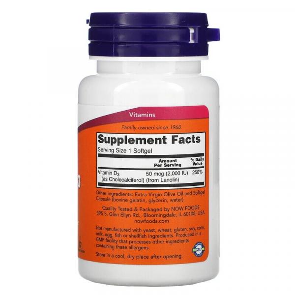 Витамин Д3, Vitamin D-3, Now Foods, 2000 МЕ, 120 капсул  - Фото 2