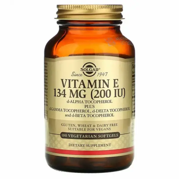 Натуральный витамин Е, Natural Source Vitamin E, Solgar,134 мг (200 МЕ), 100 вегетарианских гелевых капсул - Фото 1