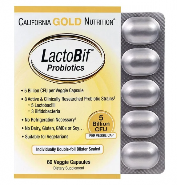 Пробиотики, LactoBif Probiotics, California Gold Nutrition, 5 млрд, 60 капсул  - Фото 1